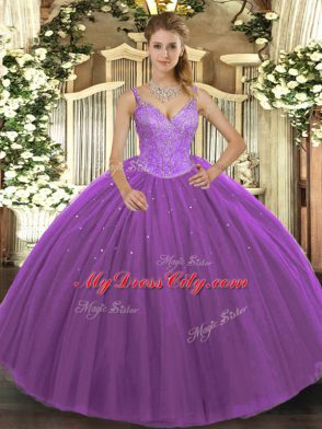 Purple Lace Up V-neck Beading Sweet 16 Quinceanera Dress Tulle Sleeveless