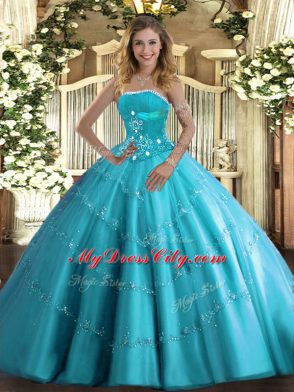 Superior Strapless Sleeveless Tulle Sweet 16 Quinceanera Dress Beading and Appliques and Ruffled Layers Lace Up