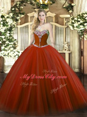 Sweetheart Sleeveless Tulle Quince Ball Gowns Beading Lace Up