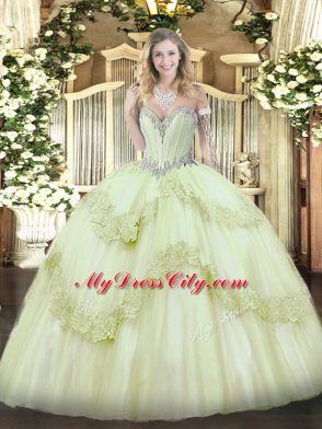 Yellow Green Lace Up Sweetheart Beading and Appliques Sweet 16 Dresses Tulle Sleeveless