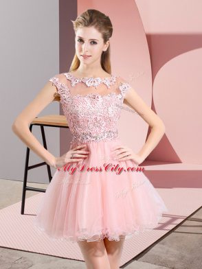 Baby Pink A-line Scoop Sleeveless Tulle Mini Length Side Zipper Beading and Appliques Homecoming Dress