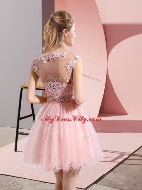 Baby Pink A-line Scoop Sleeveless Tulle Mini Length Side Zipper Beading and Appliques Homecoming Dress