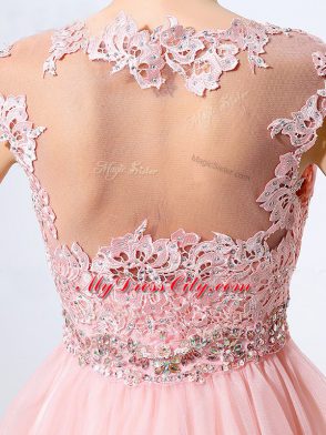Baby Pink A-line Scoop Sleeveless Tulle Mini Length Side Zipper Beading and Appliques Homecoming Dress