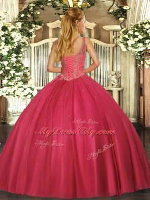 Glorious V-neck Sleeveless Tulle Quince Ball Gowns Beading Lace Up