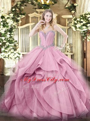Amazing Pink Lace Up 15th Birthday Dress Beading and Ruffles Sleeveless Floor Length