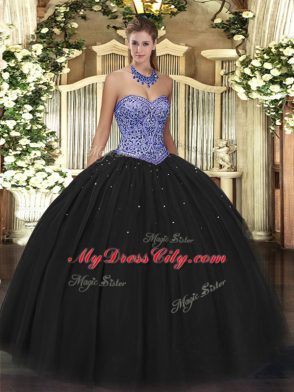 High Class Black Tulle Lace Up Sweet 16 Dresses Sleeveless Floor Length Beading