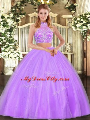 Pretty Tulle Halter Top Sleeveless Criss Cross Beading 15th Birthday Dress in Lilac