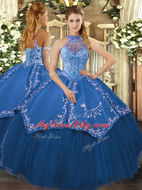 Ball Gowns 15 Quinceanera Dress Teal Halter Top Tulle Sleeveless Floor Length Lace Up