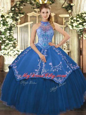 Ball Gowns 15 Quinceanera Dress Teal Halter Top Tulle Sleeveless Floor Length Lace Up