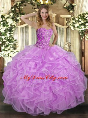 Best Floor Length Lilac Ball Gown Prom Dress Sweetheart Sleeveless Lace Up