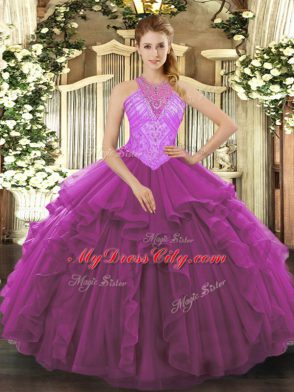 Fabulous Floor Length Fuchsia 15th Birthday Dress Organza Sleeveless Beading and Ruffles