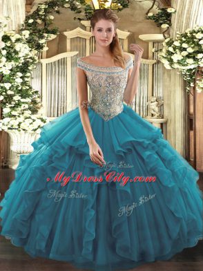 Superior Teal Sleeveless Beading and Ruffles Floor Length 15th Birthday Dress