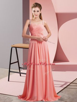 Watermelon Red Sleeveless Ruching Backless Evening Dress