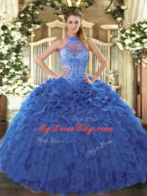 Spectacular Blue Halter Top Neckline Beading and Embroidery and Ruffles Ball Gown Prom Dress Sleeveless Lace Up