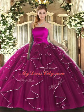 Strapless Sleeveless Lace Up Quinceanera Gown Fuchsia Tulle
