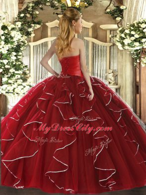 Strapless Sleeveless Lace Up Quinceanera Gown Fuchsia Tulle