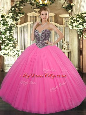 Fitting Hot Pink Tulle Lace Up Sweet 16 Dresses Sleeveless Floor Length Beading