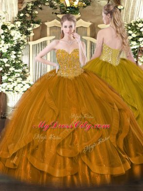 Organza Sweetheart Sleeveless Lace Up Beading and Ruffles Sweet 16 Dresses in Gold