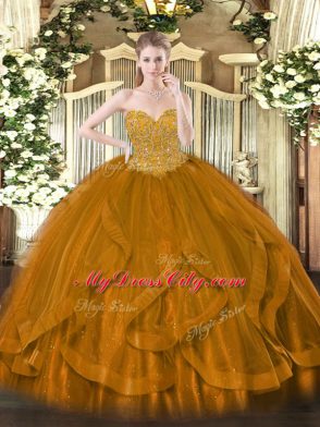Organza Sweetheart Sleeveless Lace Up Beading and Ruffles Sweet 16 Dresses in Gold