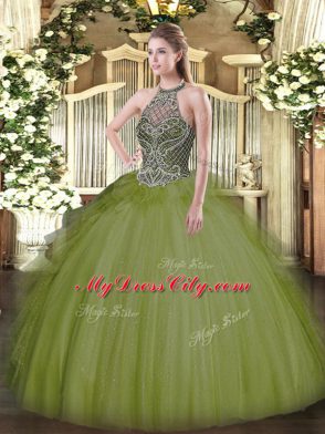 Olive Green Ball Gowns Tulle Halter Top Sleeveless Beading Floor Length Lace Up Quince Ball Gowns