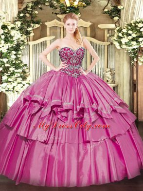 Pink Ball Gowns Organza and Taffeta Sweetheart Sleeveless Beading and Ruffled Layers Floor Length Lace Up Quinceanera Dresses