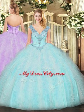 Excellent Aqua Blue Organza Lace Up Quinceanera Dress Sleeveless Floor Length Ruffles