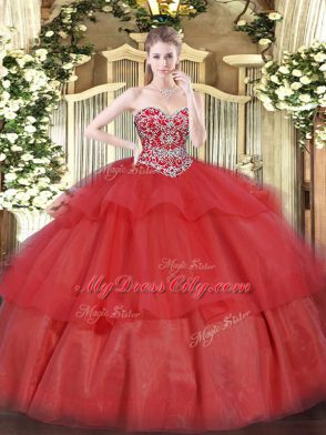 Floor Length Red Quinceanera Gown Sweetheart Sleeveless Lace Up