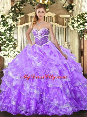 Spectacular Lavender Lace Up Sweetheart Ruffled Layers Quince Ball Gowns Organza Sleeveless