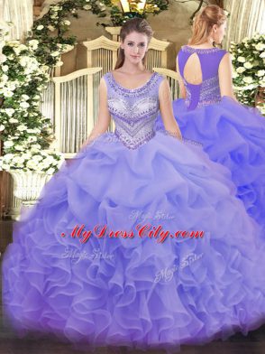 Extravagant Floor Length Lavender Sweet 16 Dresses Organza Sleeveless Beading and Ruffles and Pick Ups