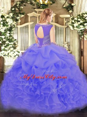 Extravagant Floor Length Lavender Sweet 16 Dresses Organza Sleeveless Beading and Ruffles and Pick Ups