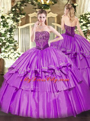 Nice Floor Length Lilac 15th Birthday Dress Strapless Sleeveless Lace Up