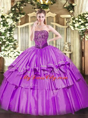 Nice Floor Length Lilac 15th Birthday Dress Strapless Sleeveless Lace Up