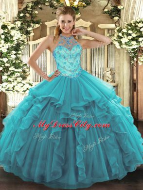 Attractive Teal Lace Up 15 Quinceanera Dress Beading and Embroidery and Ruffles Sleeveless Floor Length