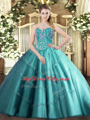 Popular Sweetheart Sleeveless Lace Up Quinceanera Gowns Teal Tulle