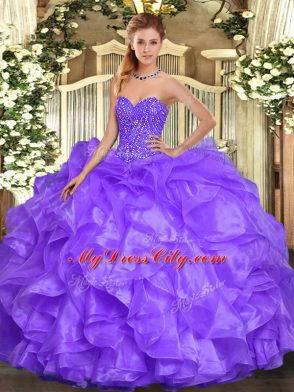 Lavender Ball Gowns Sweetheart Sleeveless Organza Floor Length Lace Up Beading and Ruffles 15 Quinceanera Dress