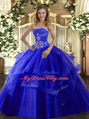 Sophisticated Ball Gowns 15 Quinceanera Dress Royal Blue Strapless Tulle Sleeveless Floor Length Lace Up