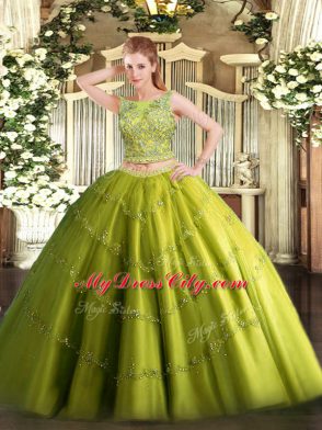 Gorgeous Olive Green Tulle Lace Up Scoop Sleeveless Floor Length 15th Birthday Dress Beading and Appliques