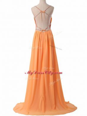 Spaghetti Straps Sleeveless Prom Gown Sweep Train Ruching Orange Chiffon