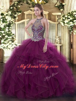 Sleeveless Organza Floor Length Lace Up Quince Ball Gowns in Fuchsia with Beading
