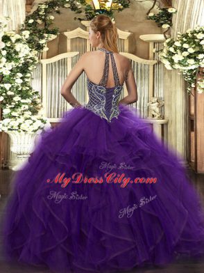 Sleeveless Organza Floor Length Lace Up Quince Ball Gowns in Fuchsia with Beading