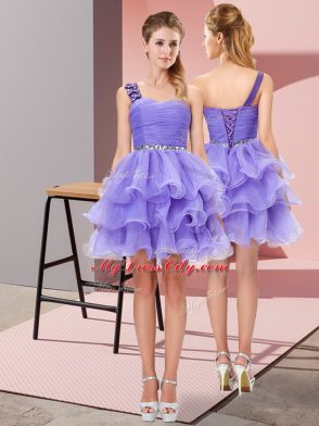 Extravagant A-line Prom Party Dress Lavender One Shoulder Organza Sleeveless Mini Length Lace Up