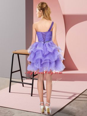 Extravagant A-line Prom Party Dress Lavender One Shoulder Organza Sleeveless Mini Length Lace Up