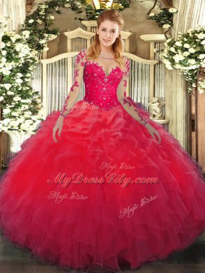 Unique Lace and Ruffles Vestidos de Quinceanera Red Lace Up Long Sleeves Floor Length