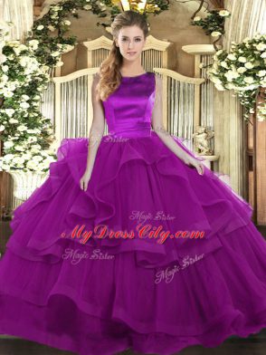 Purple Lace Up Scoop Ruffles Quinceanera Gowns Tulle Sleeveless