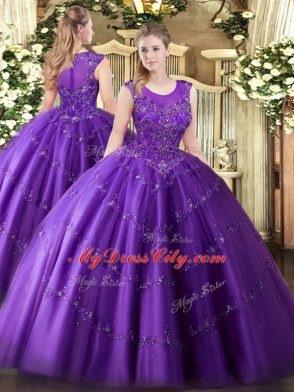 Dynamic Floor Length Purple 15 Quinceanera Dress Tulle Sleeveless Beading and Appliques