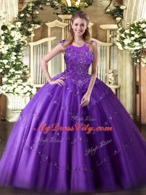 Dynamic Floor Length Purple 15 Quinceanera Dress Tulle Sleeveless Beading and Appliques