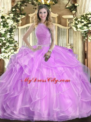 Decent High-neck Sleeveless Ball Gown Prom Dress Floor Length Beading and Ruffles Lilac Organza