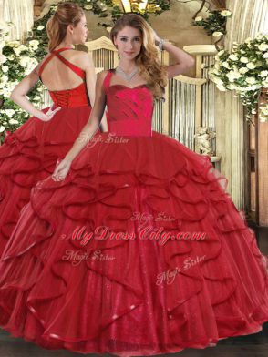 Elegant Floor Length Lace Up Quinceanera Dress Wine Red for Military Ball and Sweet 16 and Quinceanera with Ruffles