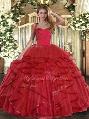 Elegant Floor Length Lace Up Quinceanera Dress Wine Red for Military Ball and Sweet 16 and Quinceanera with Ruffles