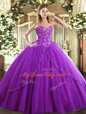 Best Selling Sleeveless Appliques and Embroidery Lace Up Sweet 16 Quinceanera Dress with Eggplant Purple Brush Train